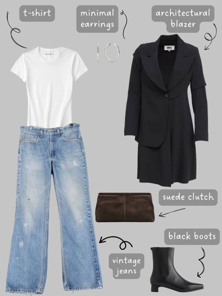 A photo of an outfit of a white t-shirt with vintage denim, an architectural blazer, black heeled boots, minimal silver hoop earrings, and a brown suede clutch.