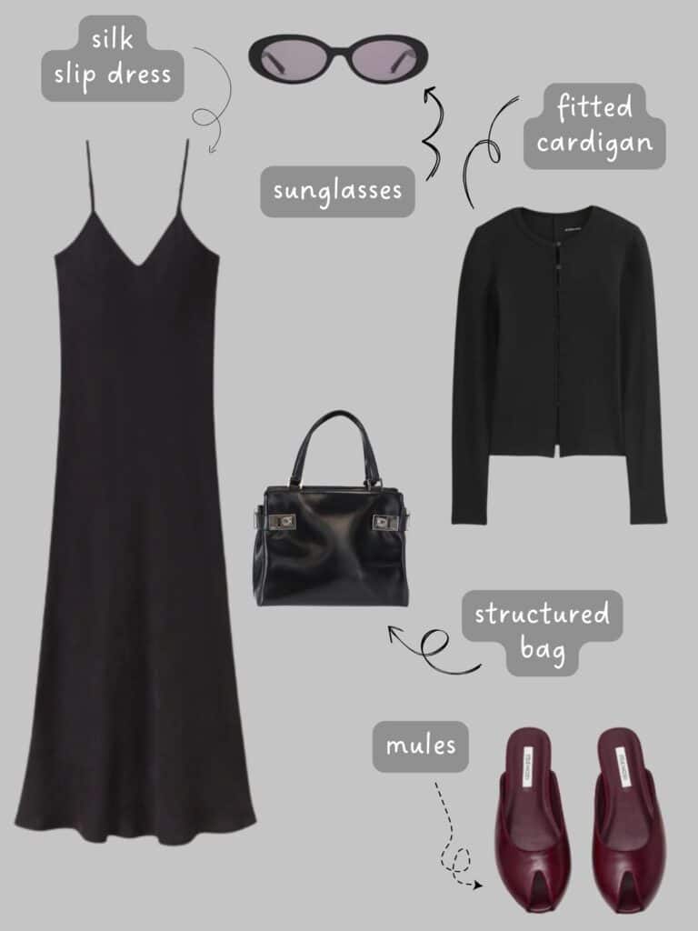 A photo of an outfit of a black silk slip dress with a black cardigan, a Ferragamo structured bag, black sunglasses, and a oxblood mules.