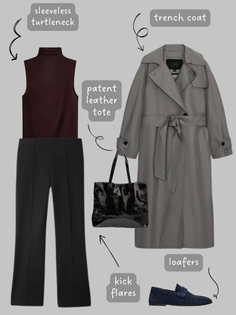 A photo of an outfit of a brown sleeveless turtleneck tank, black kick flares, a grey trench, patent leather tote, and navy blue loafers.