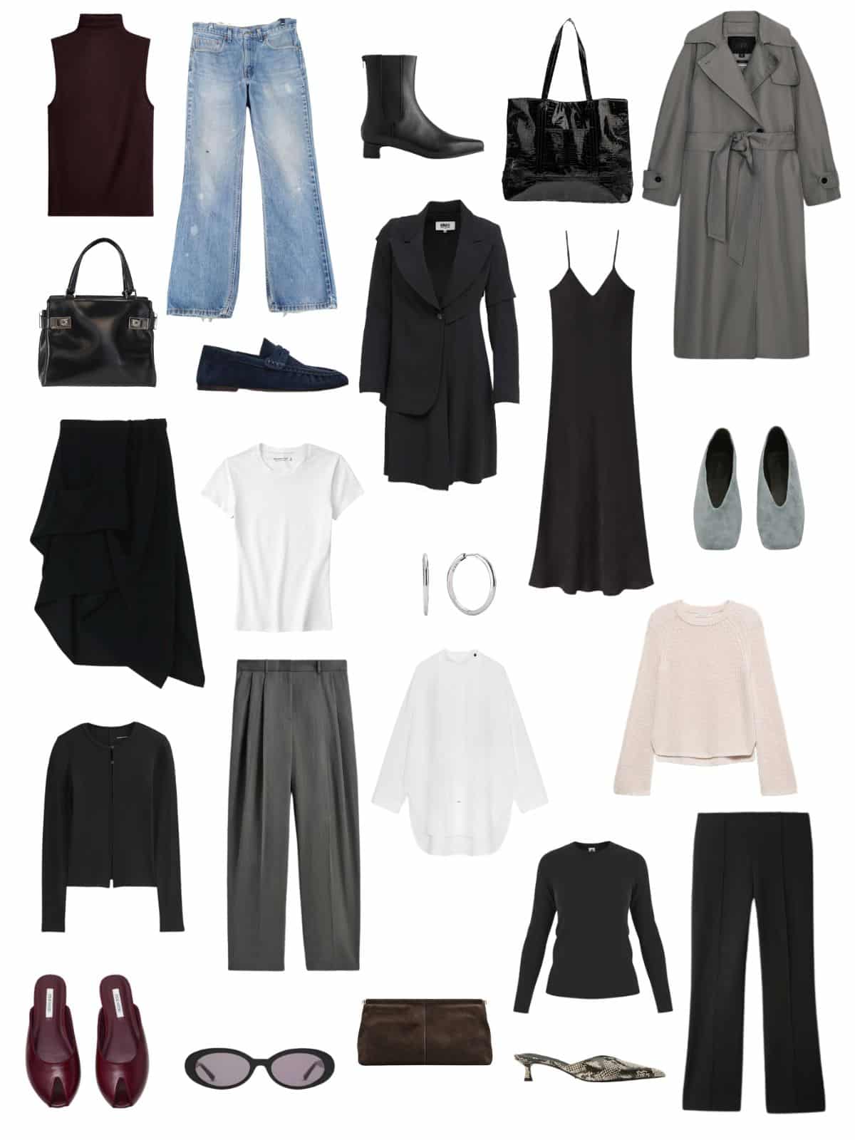 A white background with 12 pieces plus shoes and accessories for The Disciplined Minimalist: A 90s-Inspired Spring Capsule Wardrobe.