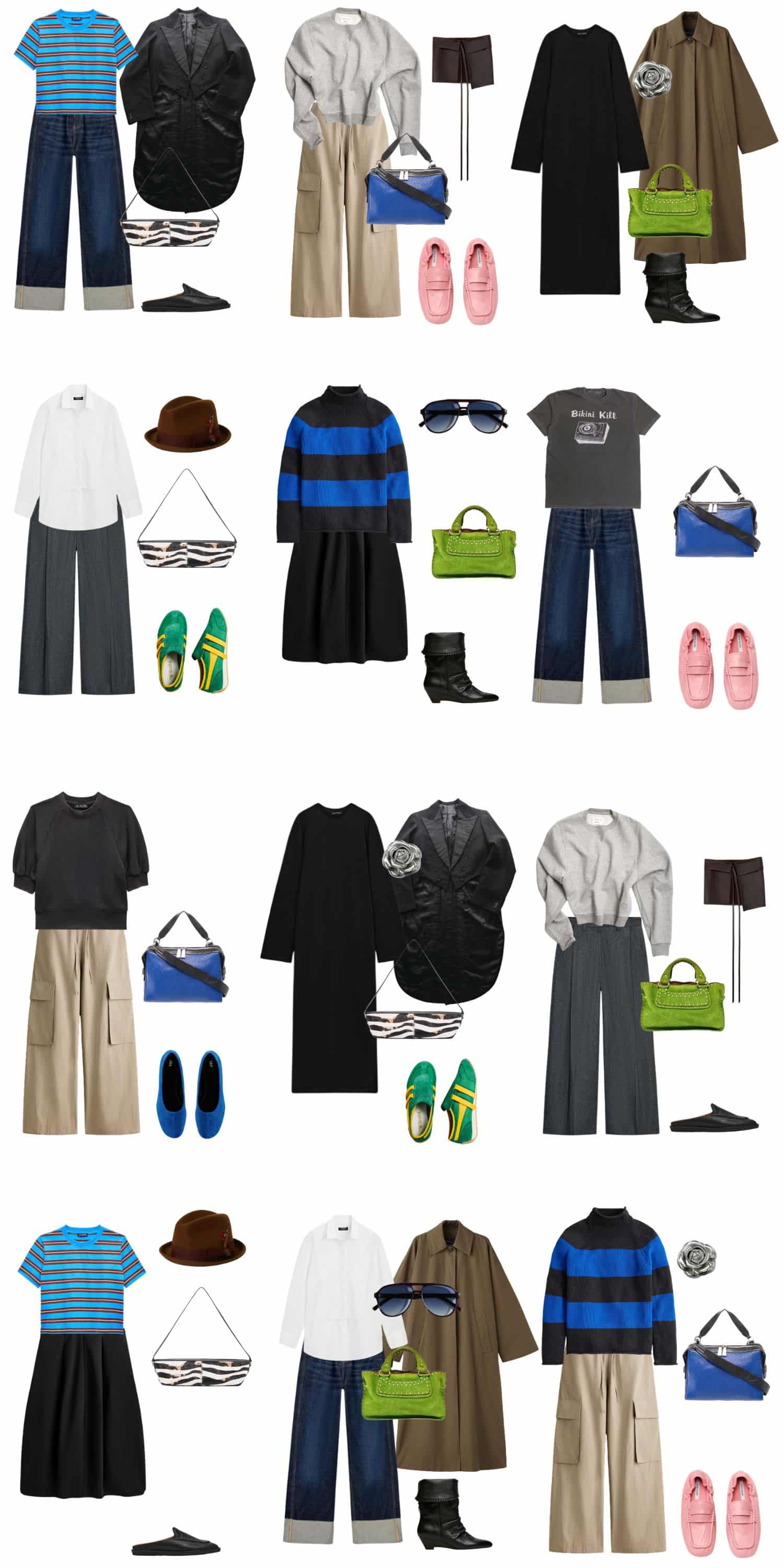 A white background with 12 outfits for The Eclectic Minimalist Spring Capsule Wardrobe.