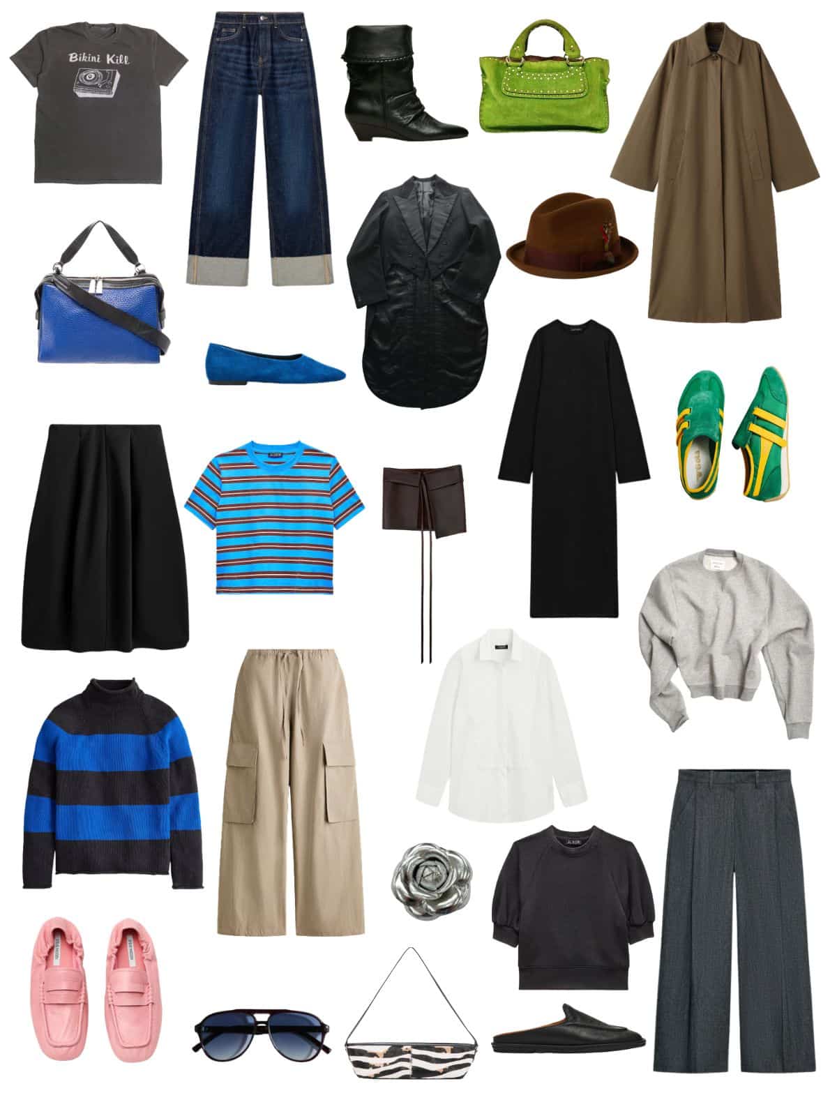 A white background with 12 pieces plus shoes and accessories for The Eclectic Minimalist Spring Capsule Wardrobe.