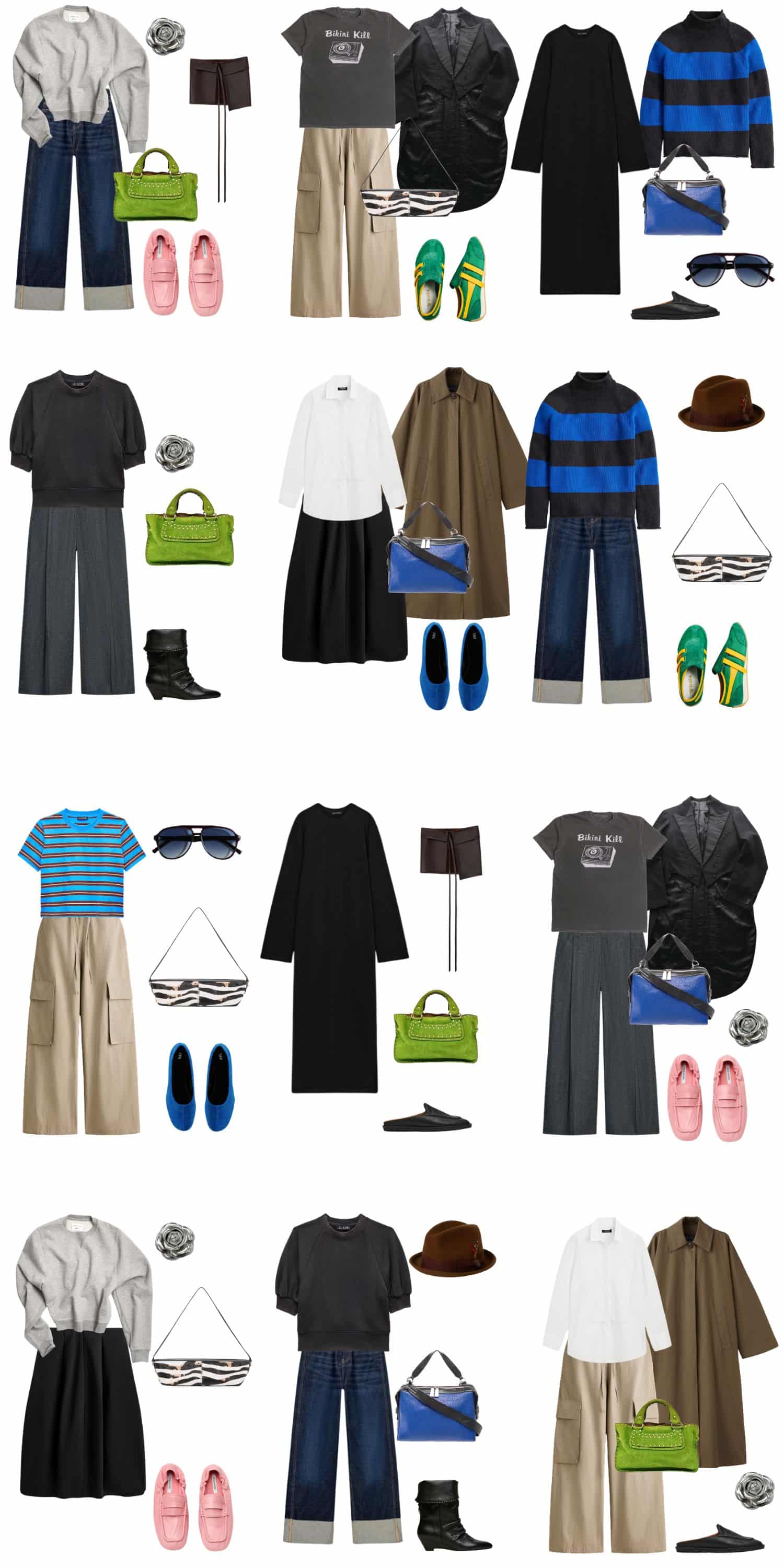 A white background with 12 outfits for The Eclectic Minimalist Spring Capsule Wardrobe.