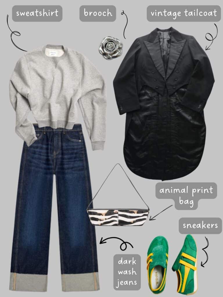 A photo of an outfit of a grey sweatshirt with cuffed dark wash jeans, a vintage tailcoat, a zebra print bag, green and yellow sneakers, and a silver flower brooch.