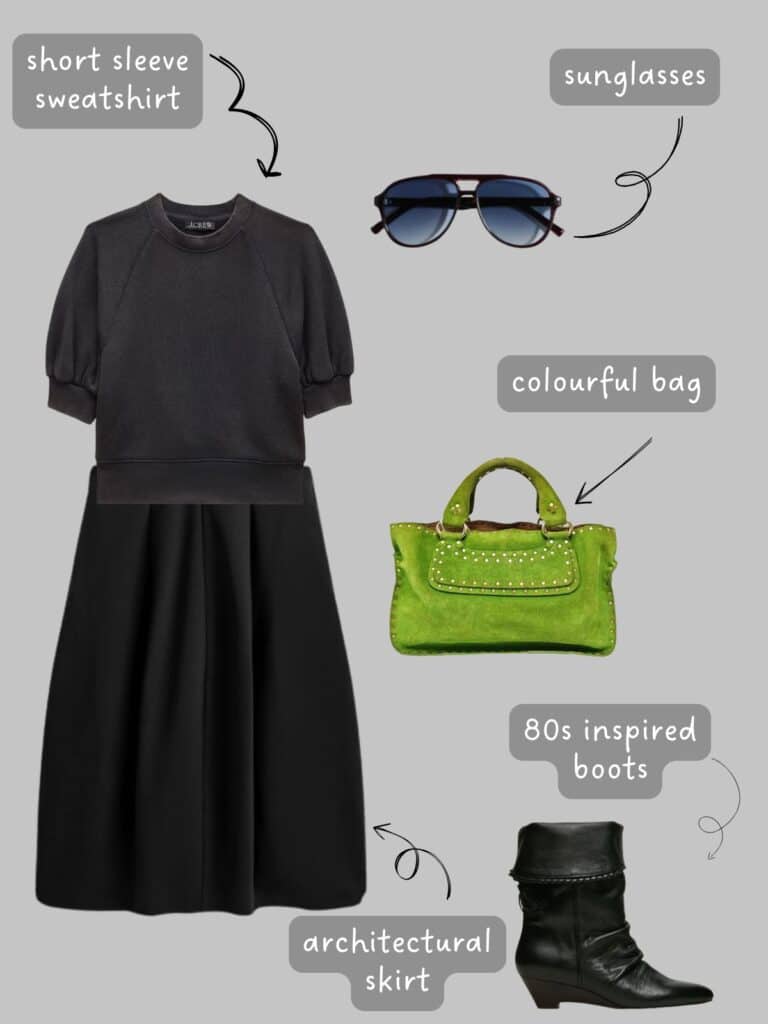 A photo of an outfit of a black short sleeve sweater with a black architectural midi skirt, sunglasses, an acid green bag, and 80s inspired boots.