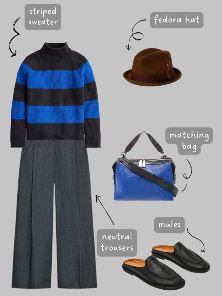 A photo of an outfit of a black and royal blue striped sweater. with grey trousers and black mules, a brown fedora, and blue and black bag.