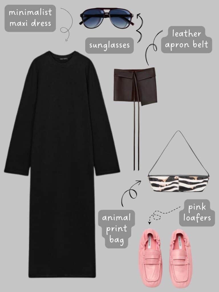 A photo of an outfit of a black minimalist maxi dress, a brown leather apron belt, a zebra print bag, black and blue sunglasses, and pink loafers.