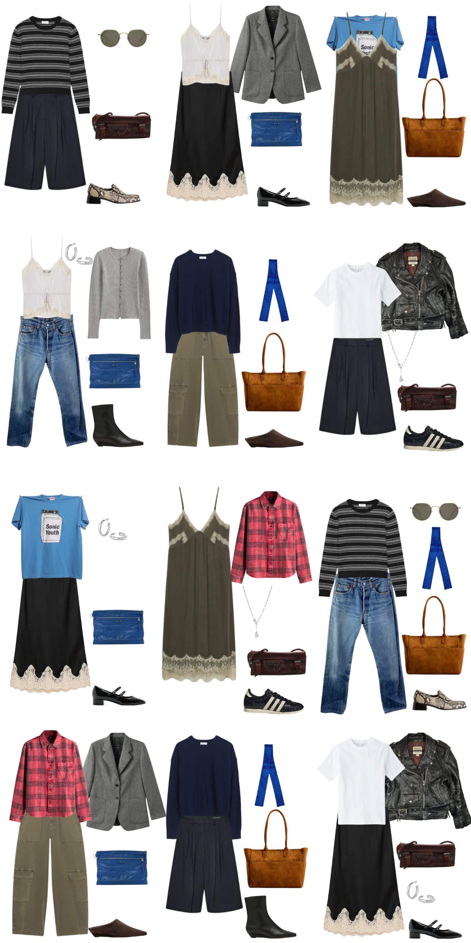 A white background with 12 outfits for The Grown-Up 90s Grunge Spring Wardrobe.