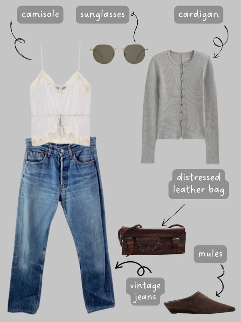 A photo of an outfit of a light grey camisole with lace trim, a grey cardigan, vintage Levi's, round, gold frame sunglasses, a brown, distressed shoulder bag, and chocolate brown mules.
