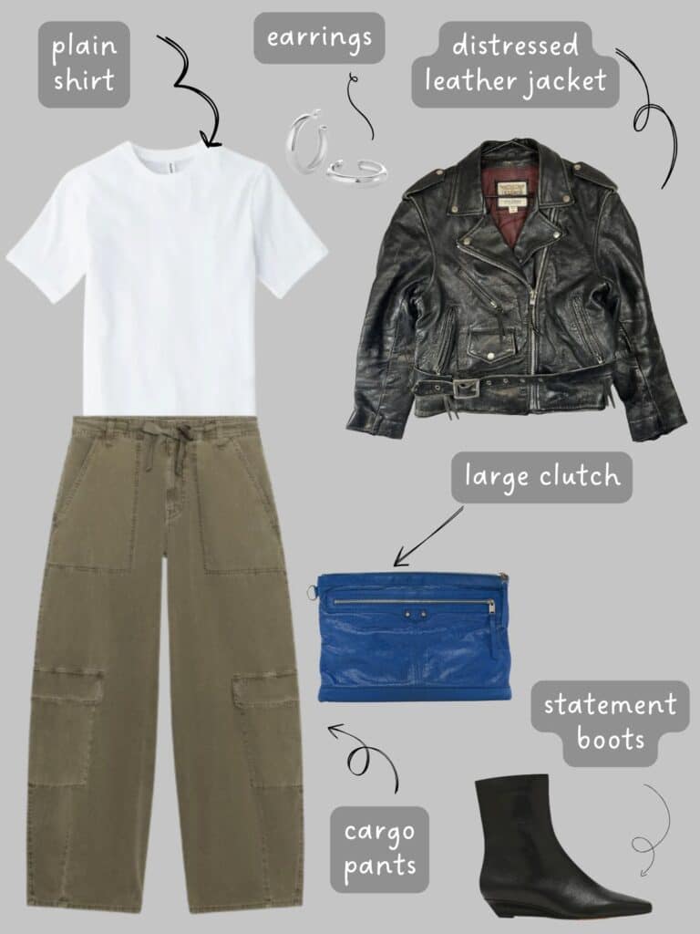 A photo of an outfit of a white t-shirt, relaxed cargo pants, a vintage leather jacket, blue, large leather clutch, and black, hidden wedge boots.