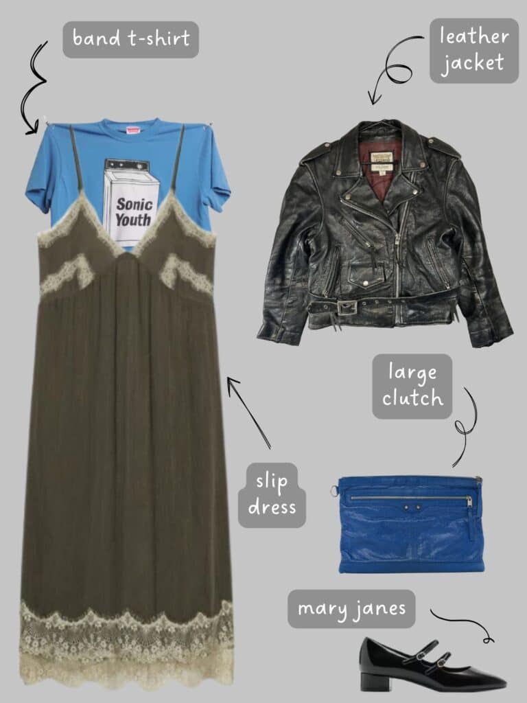 A photo of an outfit of a blue sonic Youth t-shirt under a moss green slip dress with lace trim. A vintage moto jacket, large blur leather clutch, and black patent leather Mary Janes.