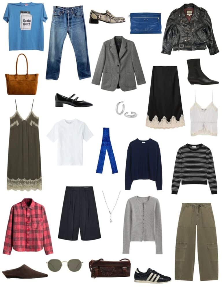 A white background with 13 pieces plus shoes and accessories for The Grown-Up 90s Grunge Spring Wardrobe.