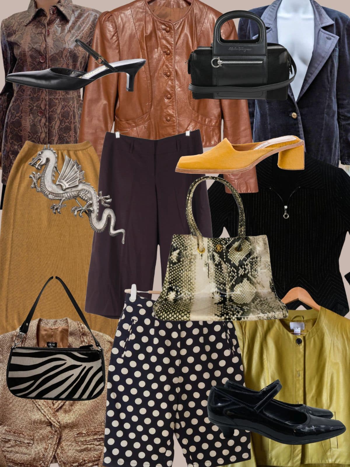 a collage of different types of women's clothing and accessories. All vintage or secondhand.