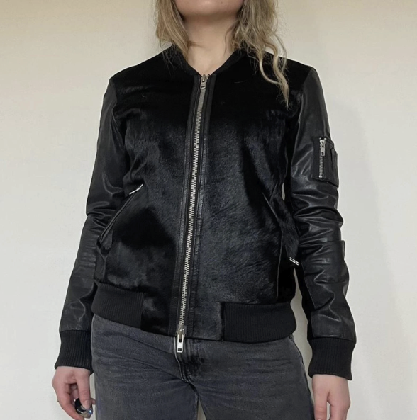 Vintage 00s double zip pony hair + real leather black bomber jacket