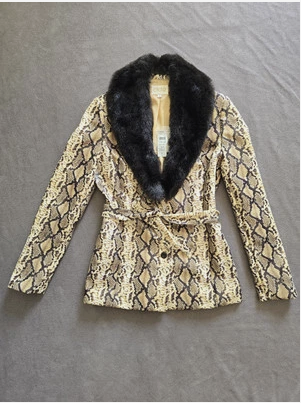 Vintage Cache Snake Print Jacket With Removable Faux Fur Collar & Belt