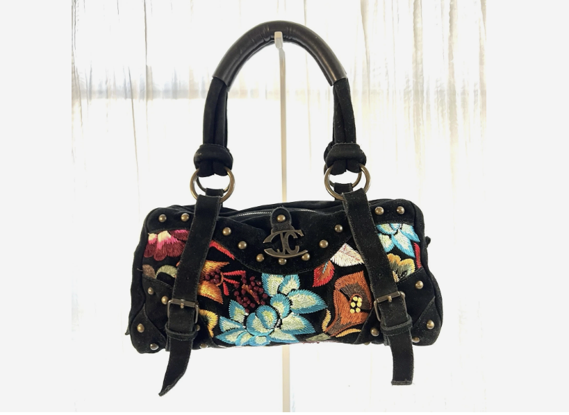 Just Cavalli Black Suede Satchel Bag Embroidered Floral Boho Y2K Studded Vintage