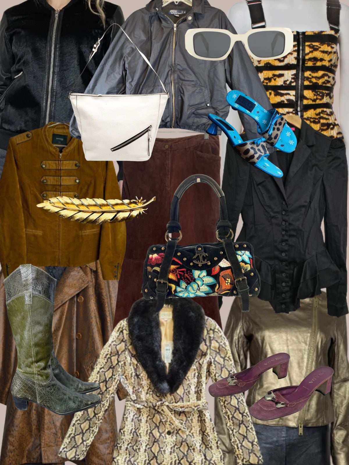 a collage of different types of women's clothing and accessories. All vintage or secondhand.