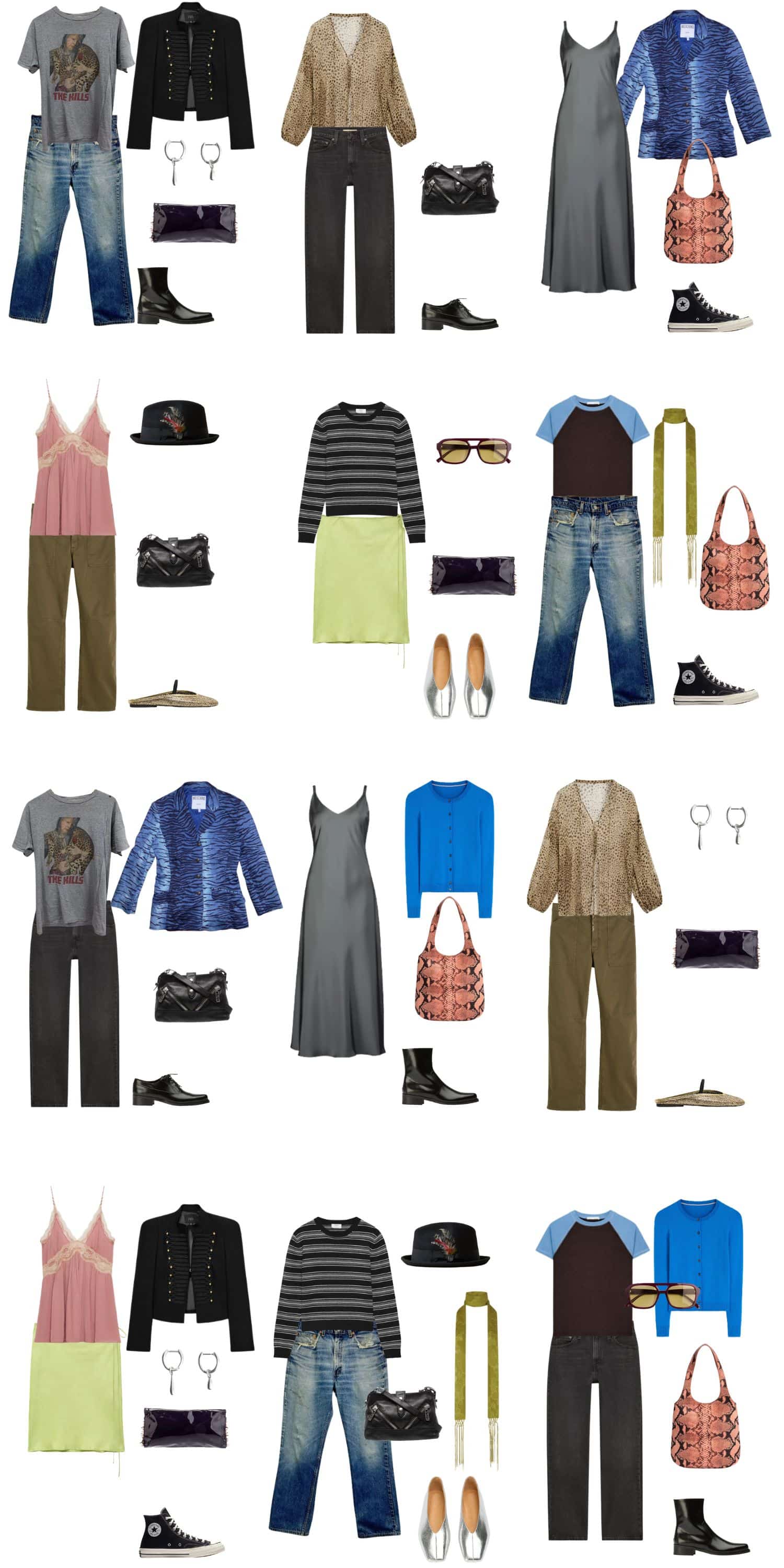 A white background with 12 outfits for An Indie Sleaze Spring Capsule.