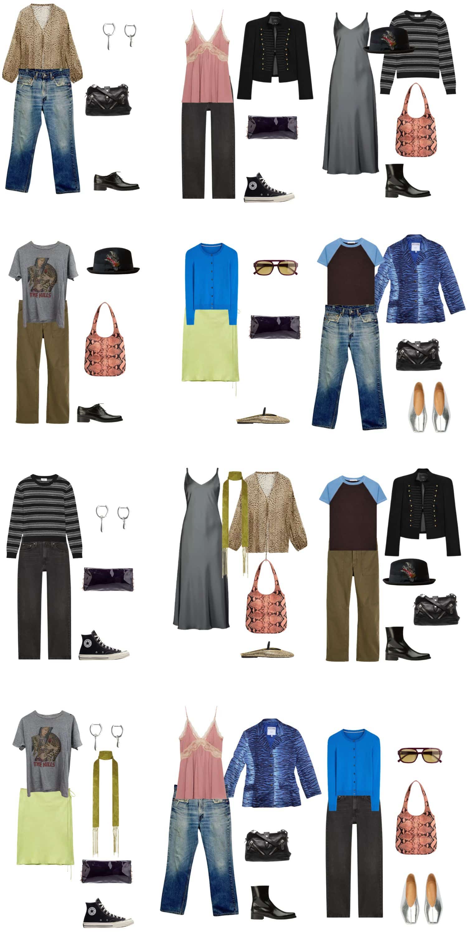 A white background with 12 outfits for An Indie Sleaze Spring Capsule.