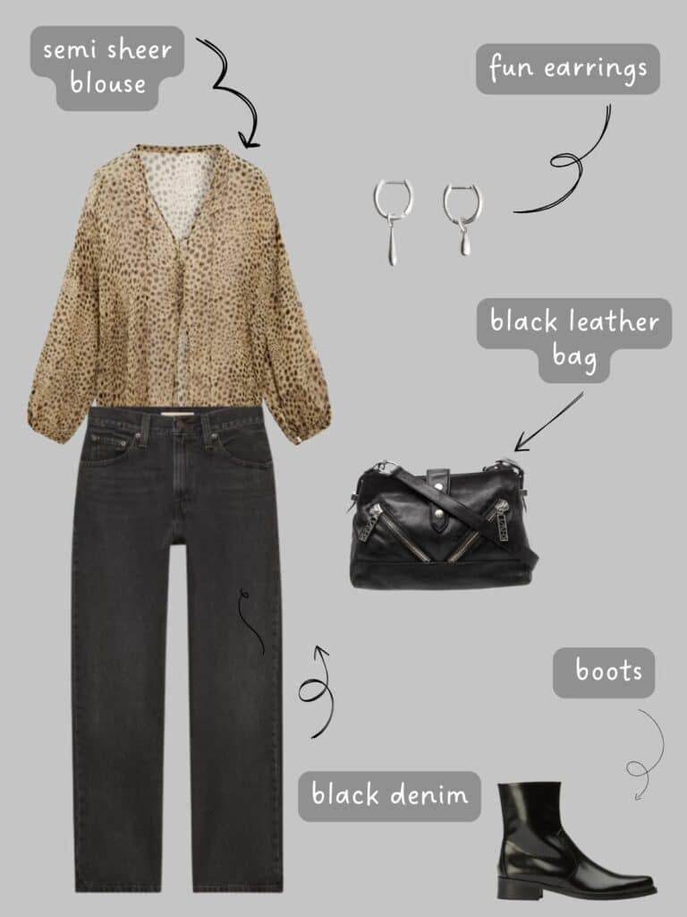 A photo of an outfit of a semi sheer animal print shirt with black jeans, asymmetric silver earrings, black leather boots, and a black studded bag.