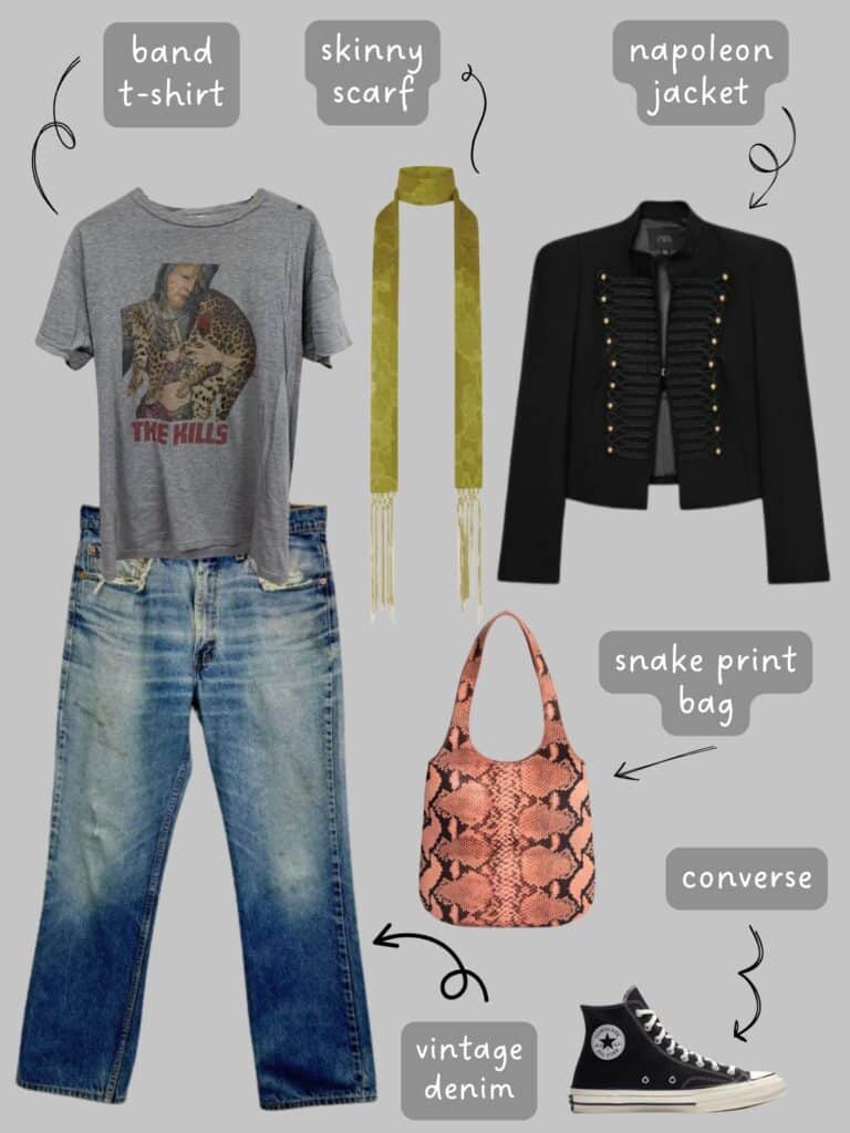 A photo of an outfit of a The Kills band tee, with a black Napoleon jacket, vintage Levis, a green skinny scarf, converse high tops, and a pink snake print bag.