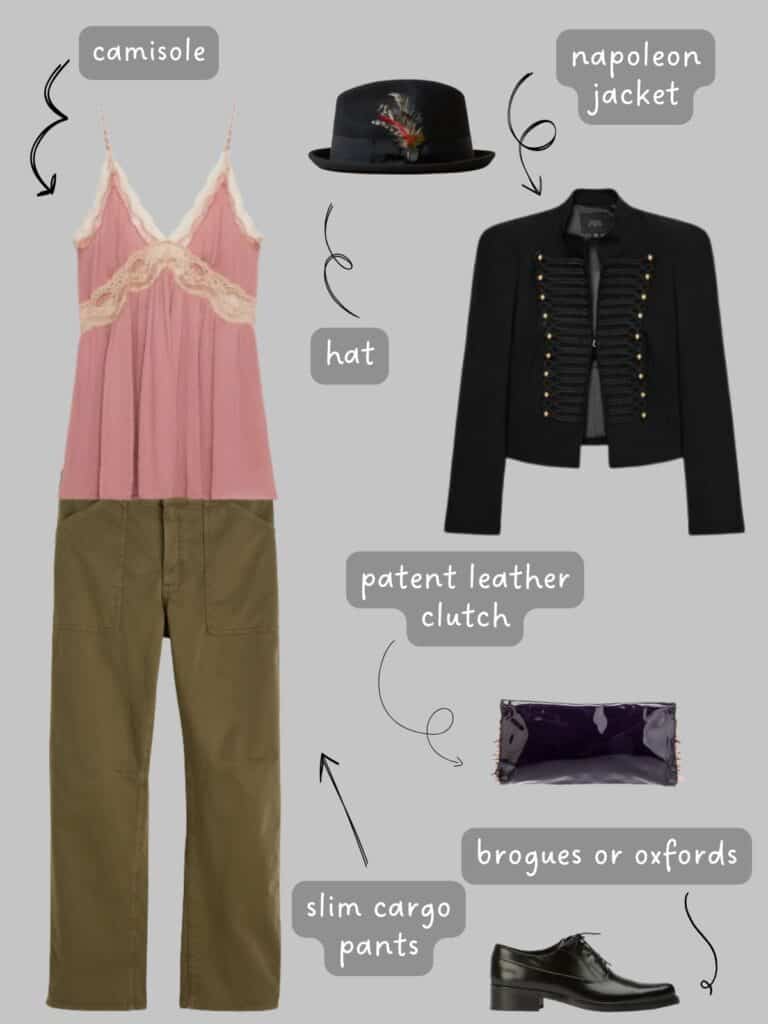 A photo of an outfit of a pink camisole with slim green cargo pants, a black Napoleon jacket, fedora, black brogues, and a dark purple, patent leather clutch.