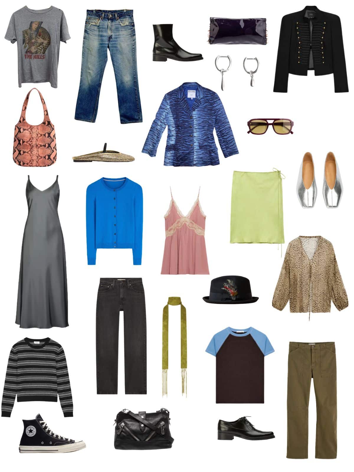 A white background with 12 pieces plus shoes and accessories for An Indie Sleaze Capsule.