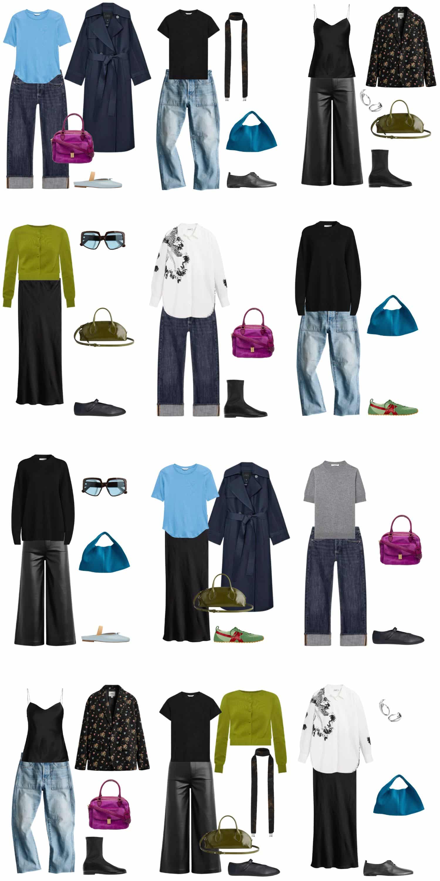 A white background with 12 outfits for An Edgy Minimalism: The Spring Capsule Wardrobe.