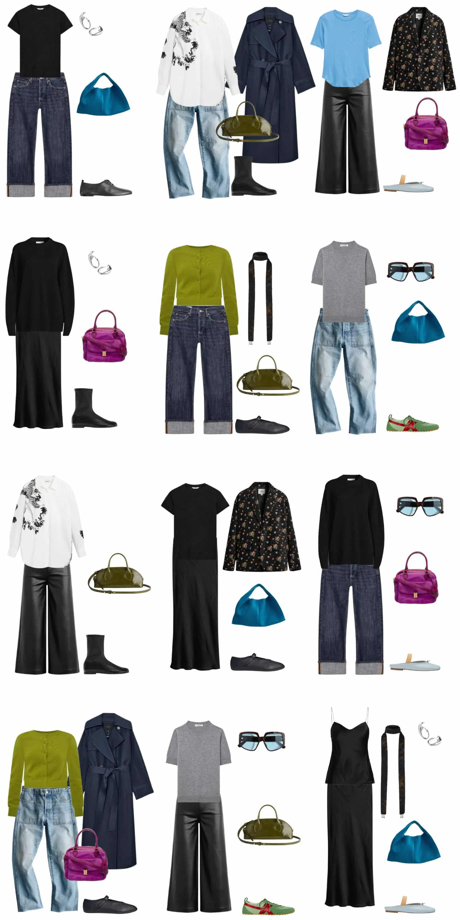 A white background with 12 outfits for An Edgy Minimalism: The Spring Capsule Wardrobe.