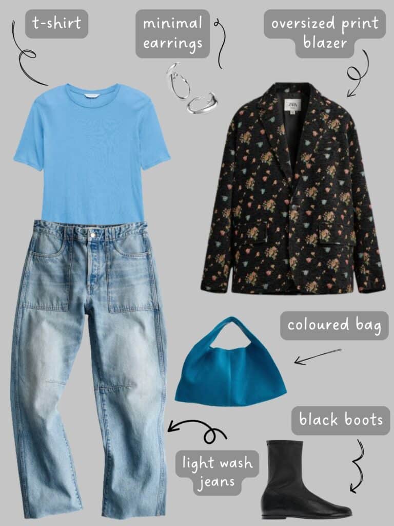 A photo of an outfit of a blue tee with light wash jeans, a black blazer with floral print, a blue bag, silver earrings, and black boots.