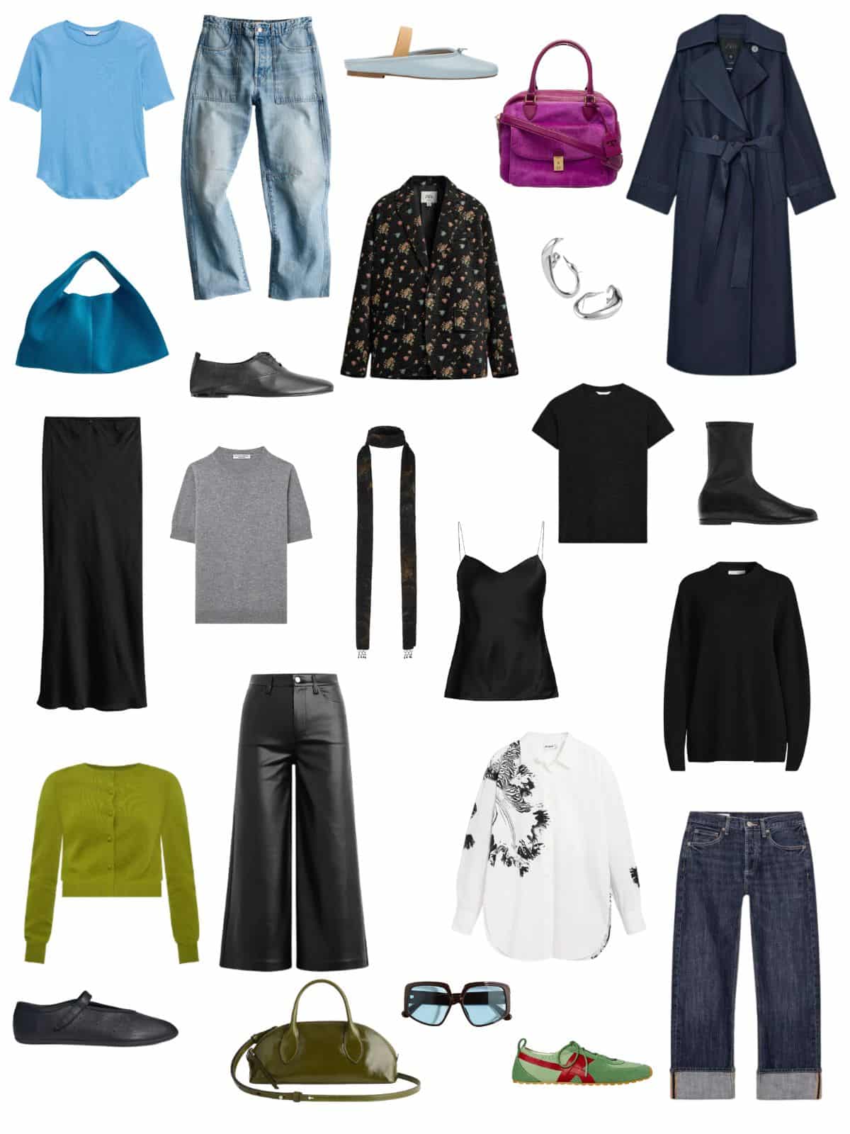 A white background with 12 pieces plus shoes and accessories for Edgy Minimalism: The Spring Capsule Wardrobe.