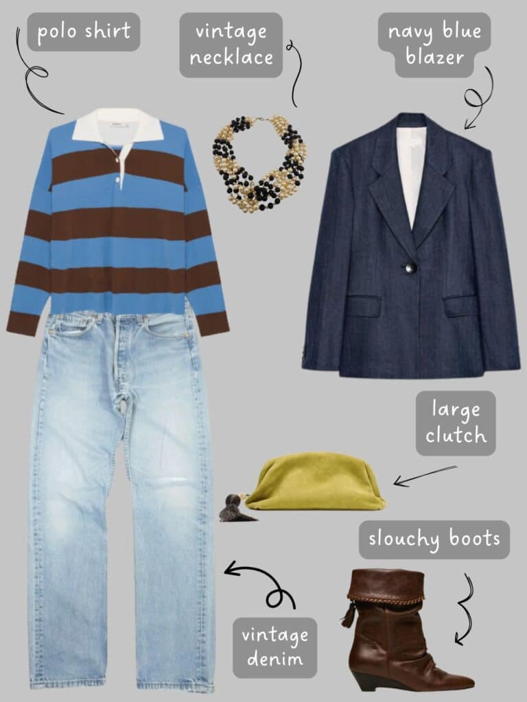 A photo of an outfit of a brown a blue striped polo shirt with a navy blue blazer, vintage levis in a worn wash, a pearl and onyx vintage necklace, a chartreuse green suede clutch, and brown slouchy boots.