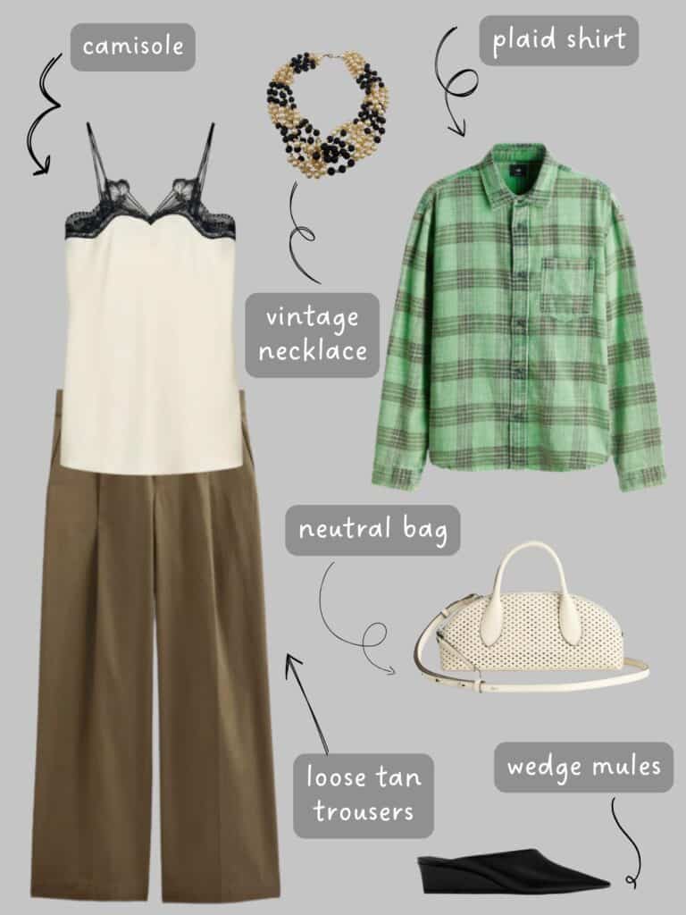 A photo of an outfit of an off-white camisole with black lace trim, tan trousers, a light green plaid shirt, a pearl and onyx vintage necklace, a white perforated leather bag, and black wedge mules.