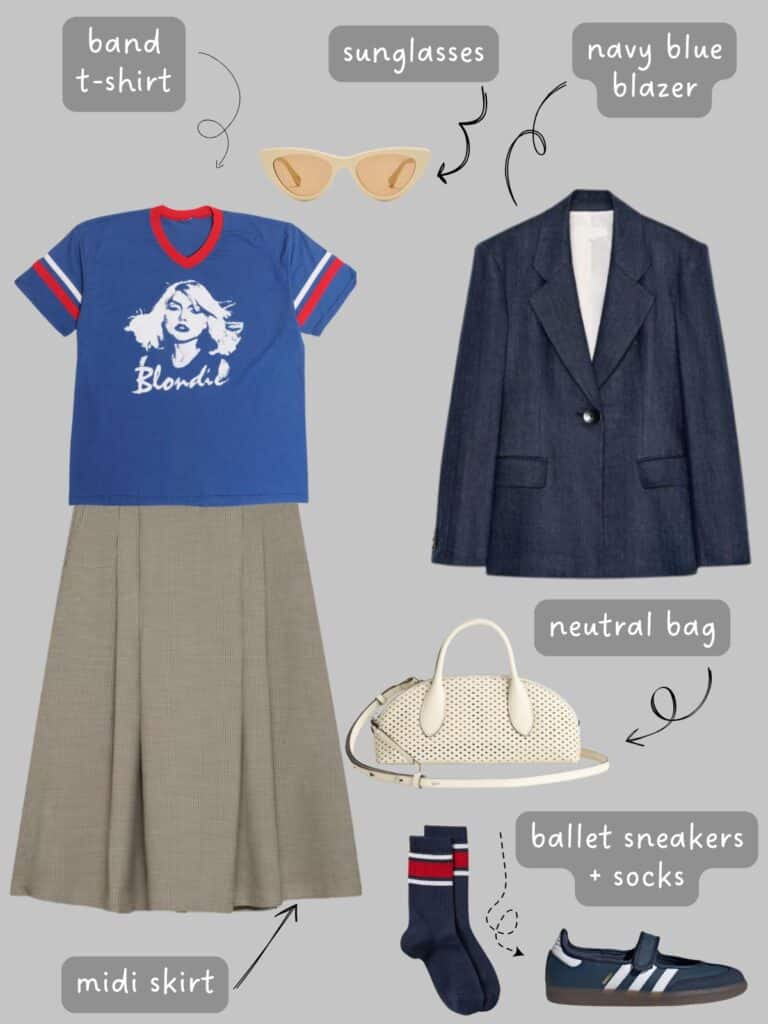 A photo of an outfit of a blue Blondie ringer tee, a navy blue blazer, brown check midi skirt, off-white sunglasses, navy blue socks with red stripes, navy blue Adidas Mary Janes, and an off-white perforated leather bag.