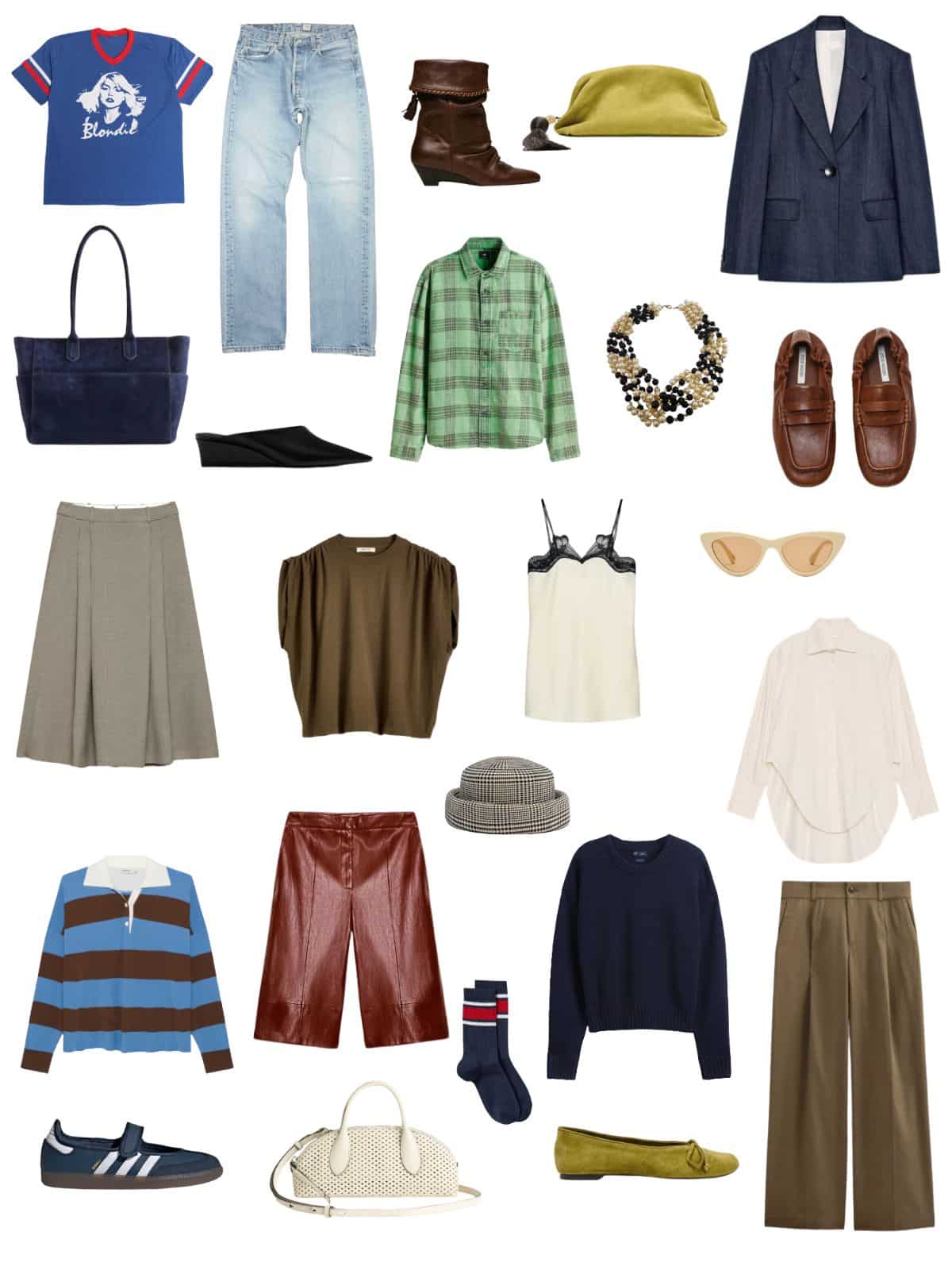 A white background with 12 pieces plus shoes and accessories for The Anti-Country Club Preppy Capsule.