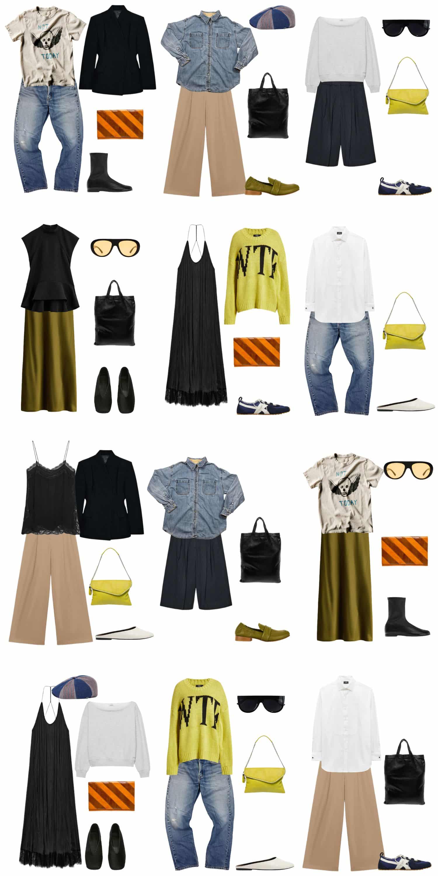 A white background with 12 outfits for A Spring Capsule Wardrobe for Women Who Have Had Enough.