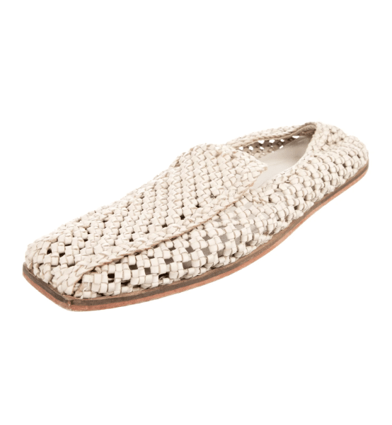 St agni off-white leather woven flat.