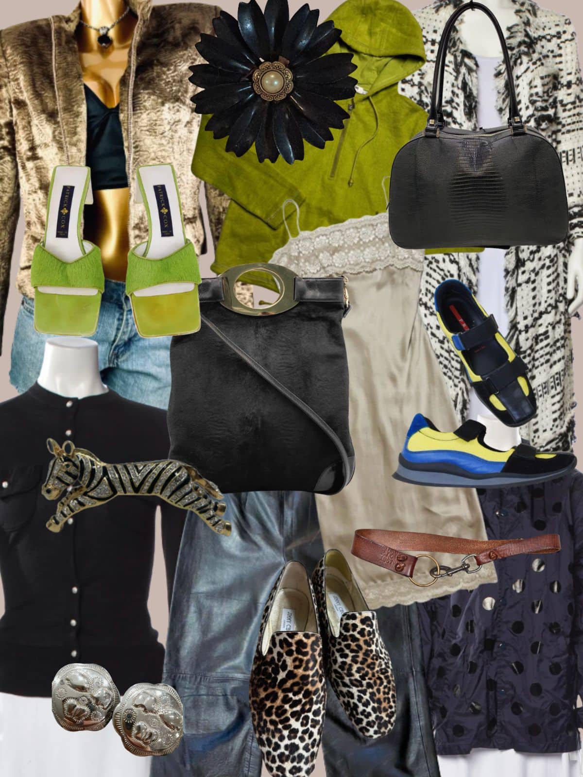 a collage of different types of women's clothing and accessories. All vintage or secondhand.