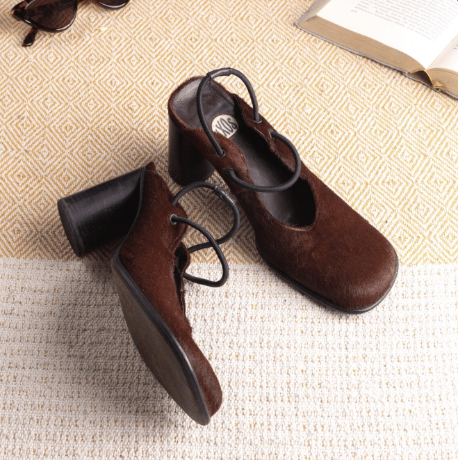 Vintage IXOS Pony Hair Mules Square Toe Chunky Heel Brown 90s Italian Designer Slingback Shoes