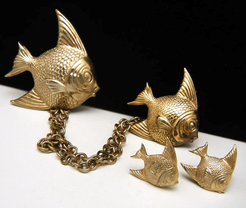 Vintage Repousse Fish Sweater Pins Screw Back Earrings Set