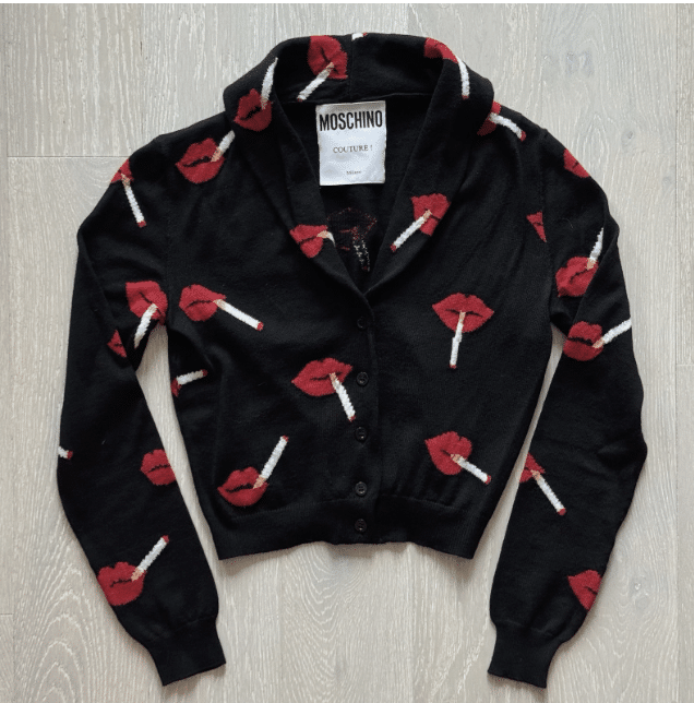 moschino black sweater with lips smoking cigarette print