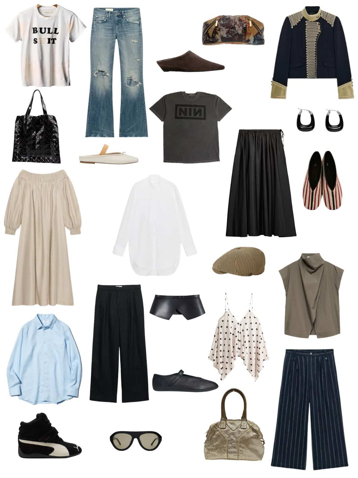 A white background with 12 pieces plus shoes and accessories for A Summer Capsule Wardrobe for People Who Hate Summer.