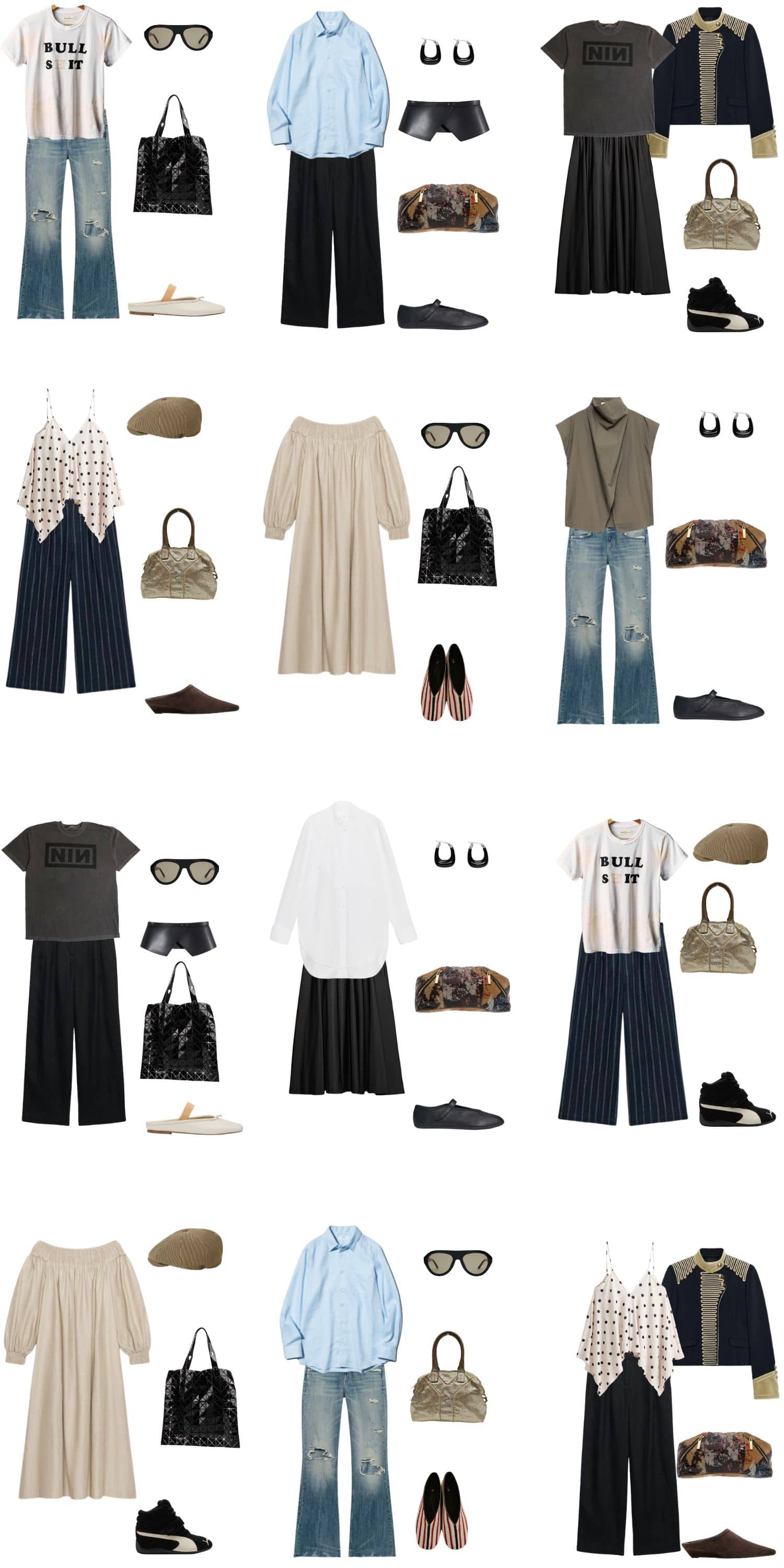 A white background with 12 outfits for A Summer Capsule Wardrobe for People Who Hate Summer.