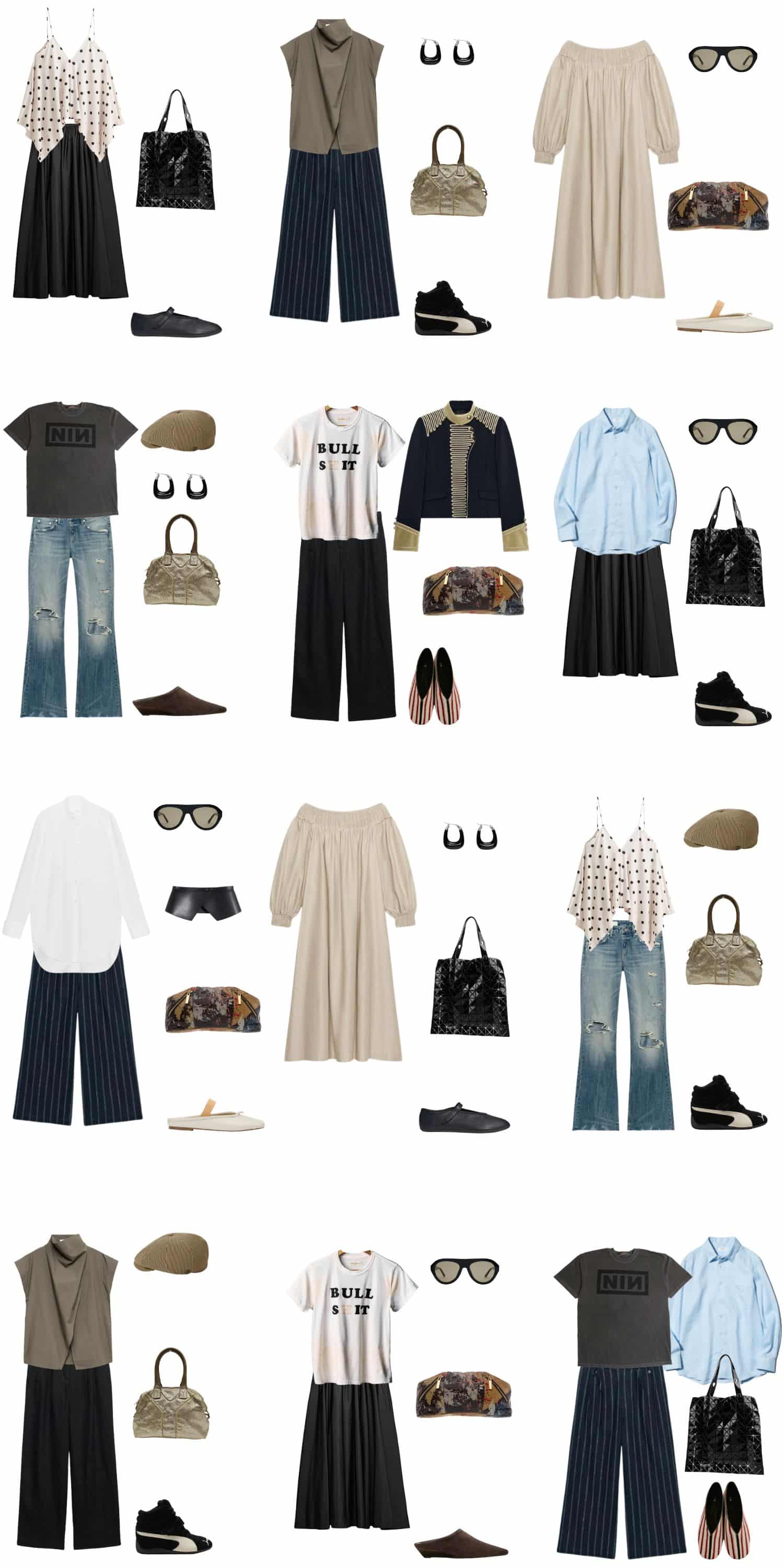 A white background with 12 outfits for A Summer Capsule Wardrobe for People Who Hate Summer.