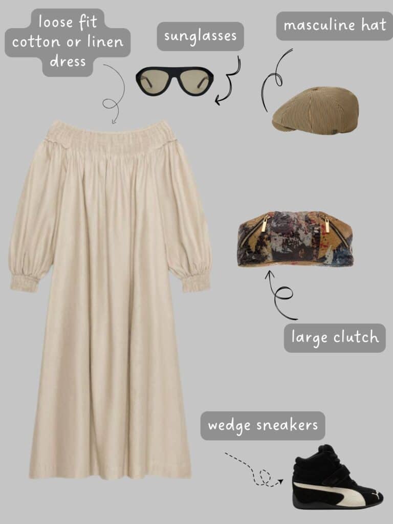 A photo of an outfit of a tan off the shoulder loose fitting midi dress, with black large sunglasses, a brown driving cap, a large multi pattern clutch, and black Puma Wedge Sneakers.