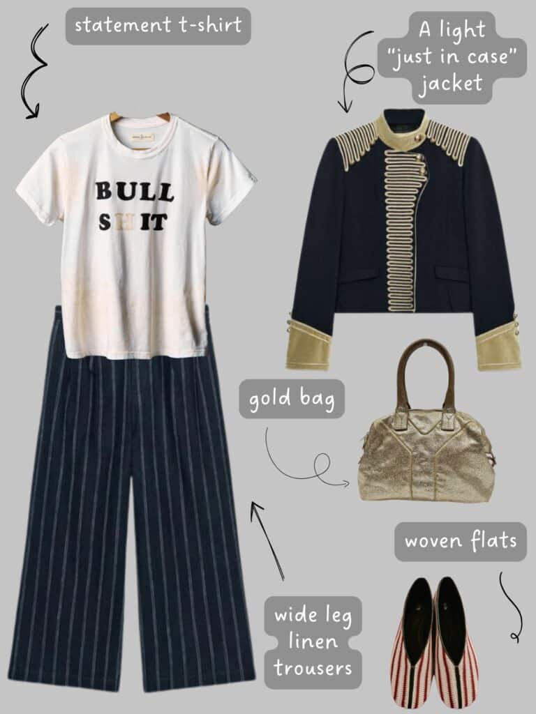 A photo of an outfit of a white tee with Bull Shit on it, a Napoleon Jacket, navy pin stripe linen trousers, a gold back and striped woven flats.