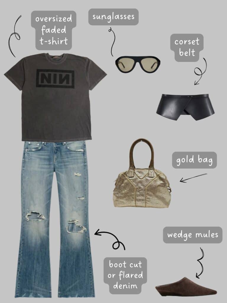 A photo of an outfit of a faded NIN tee with distressed flare jeans, black sunglasses, a black corset belt, a gold bag, and brown suede wedge mules.