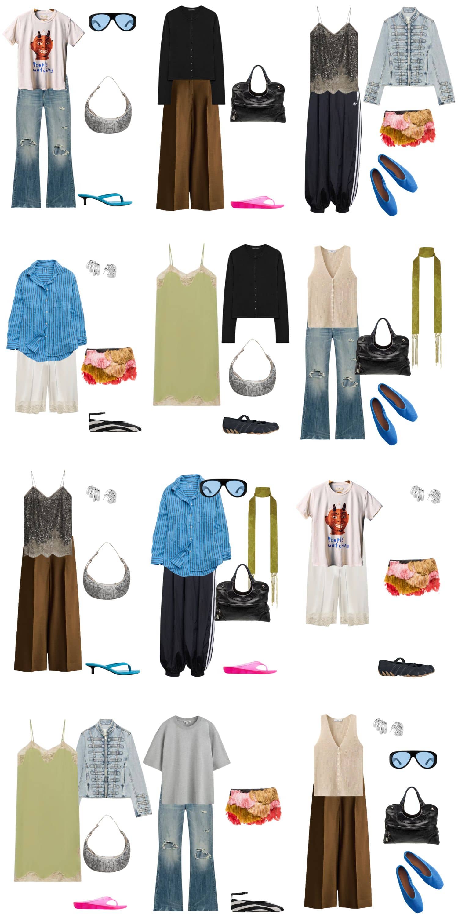 A white background with 12 outfits for Messy Girl Summer A Manifesto for Dressing Like You Have Better Things to Think About.