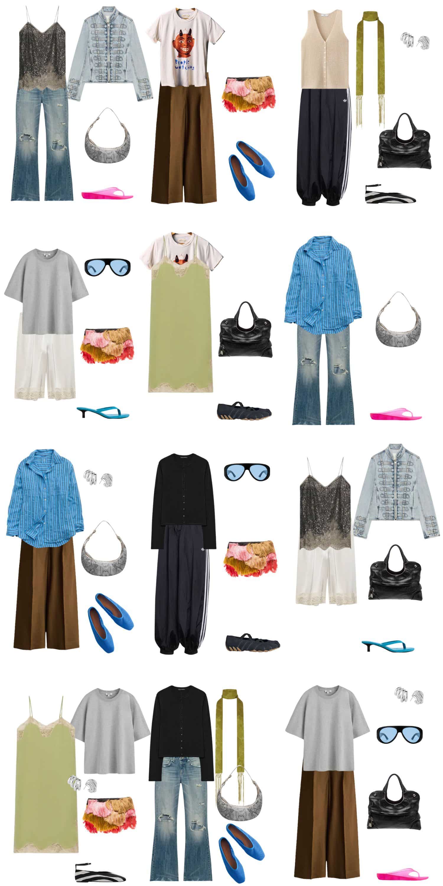 A white background with 12 outfits for Messy Girl Summer A Manifesto for Dressing Like You Have Better Things to Think About.