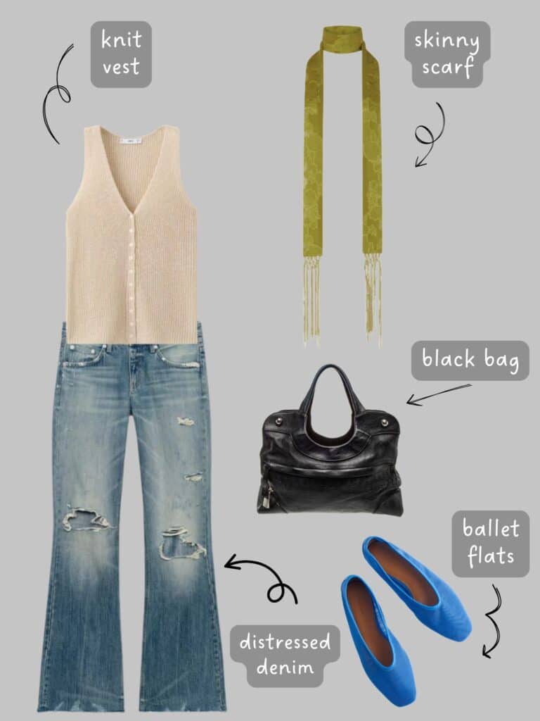 A photo of an outfit of a tan knit vest, with a green skinny scar, distresses flare jeans, blue flats, and a black bag.
